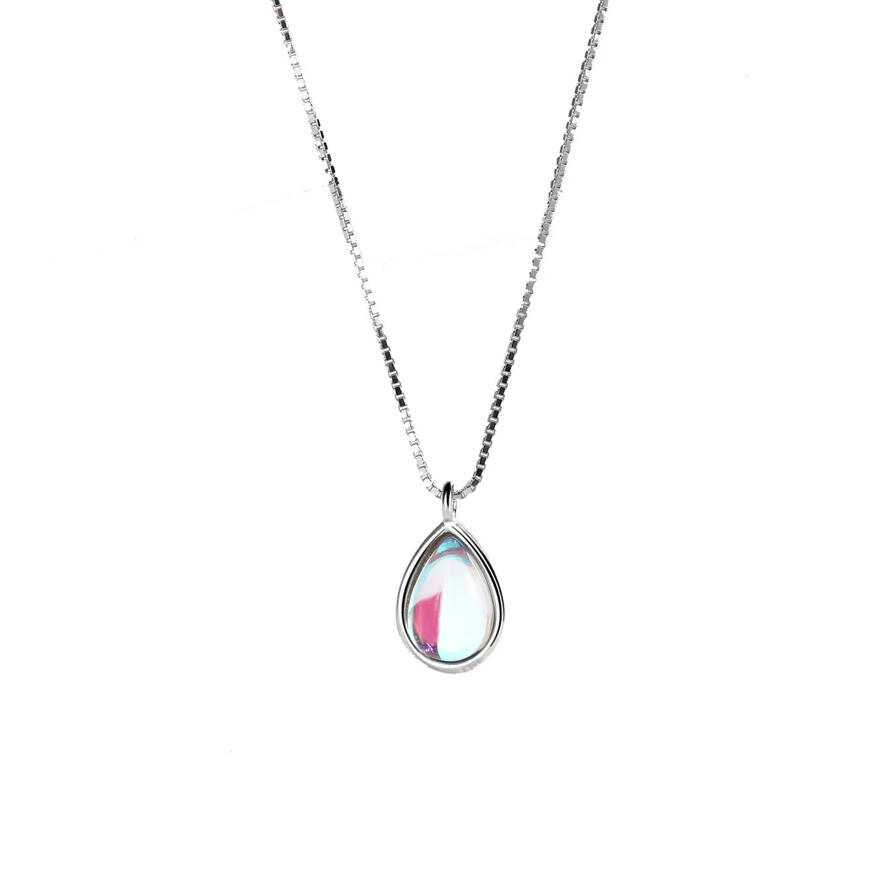 Iridescent 925 Sterling Silver Teardrop Bezel-Set Pendant Necklace