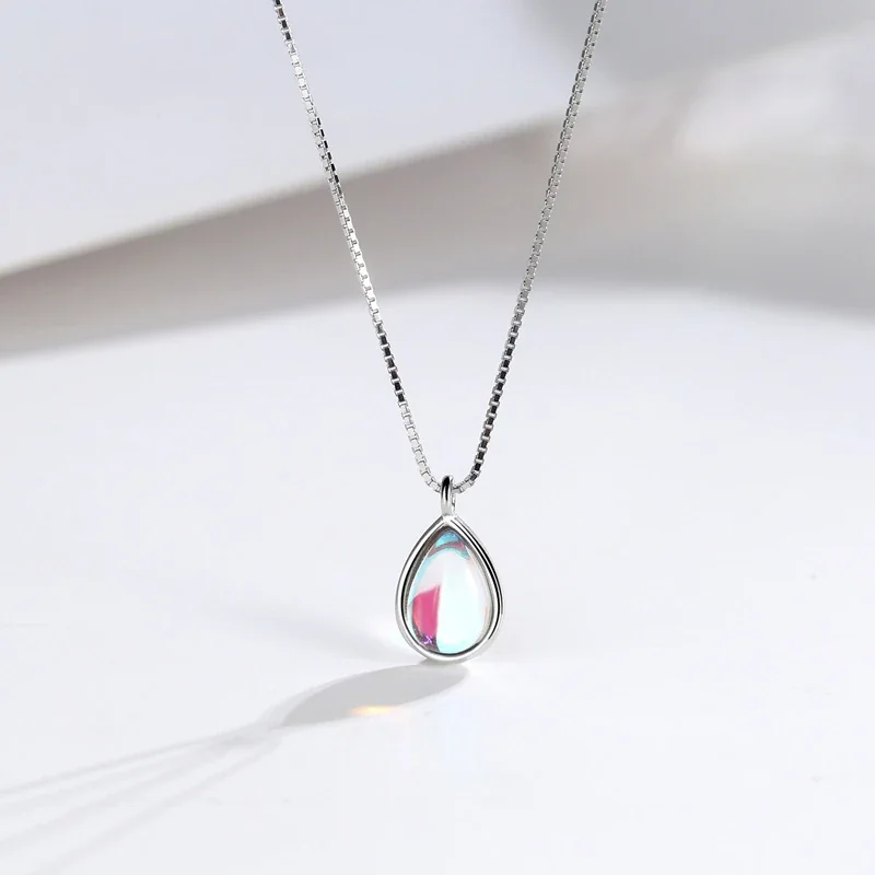 Iridescent 925 Sterling Silver Teardrop Bezel-Set Pendant Necklace - Silver