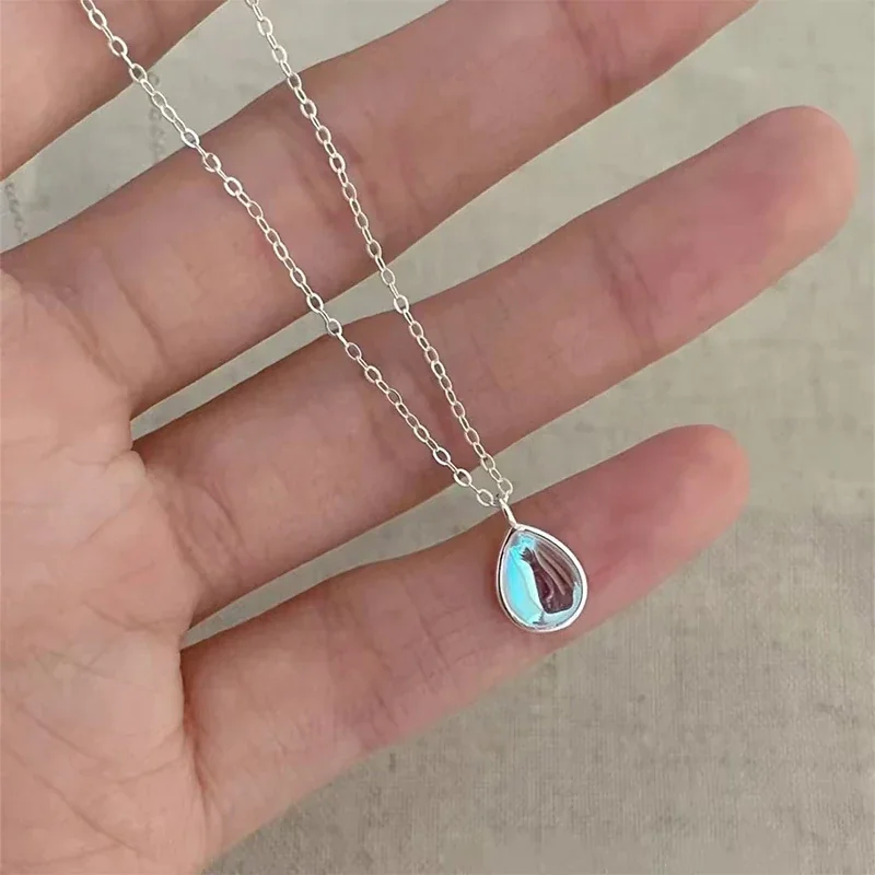 Iridescent 925 Sterling Silver Teardrop Bezel-Set Pendant Necklace - Cross