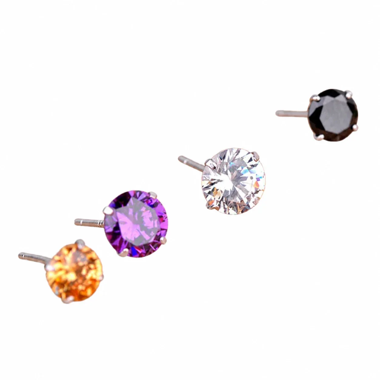Faceted Round Four-Prong 925 Sterling Silver Stud Earrings
