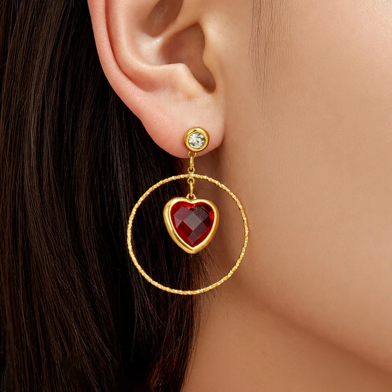 Bold Gold-Plated Heart Crystal Textured Hoop Drop Earrings