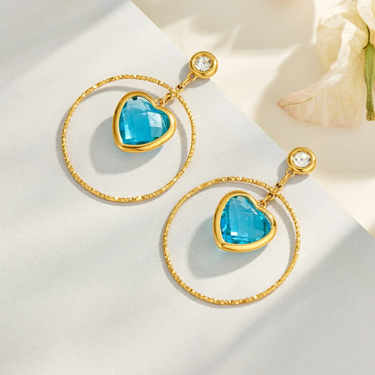 Bold Gold-Plated Heart Crystal Textured Hoop Drop Earrings