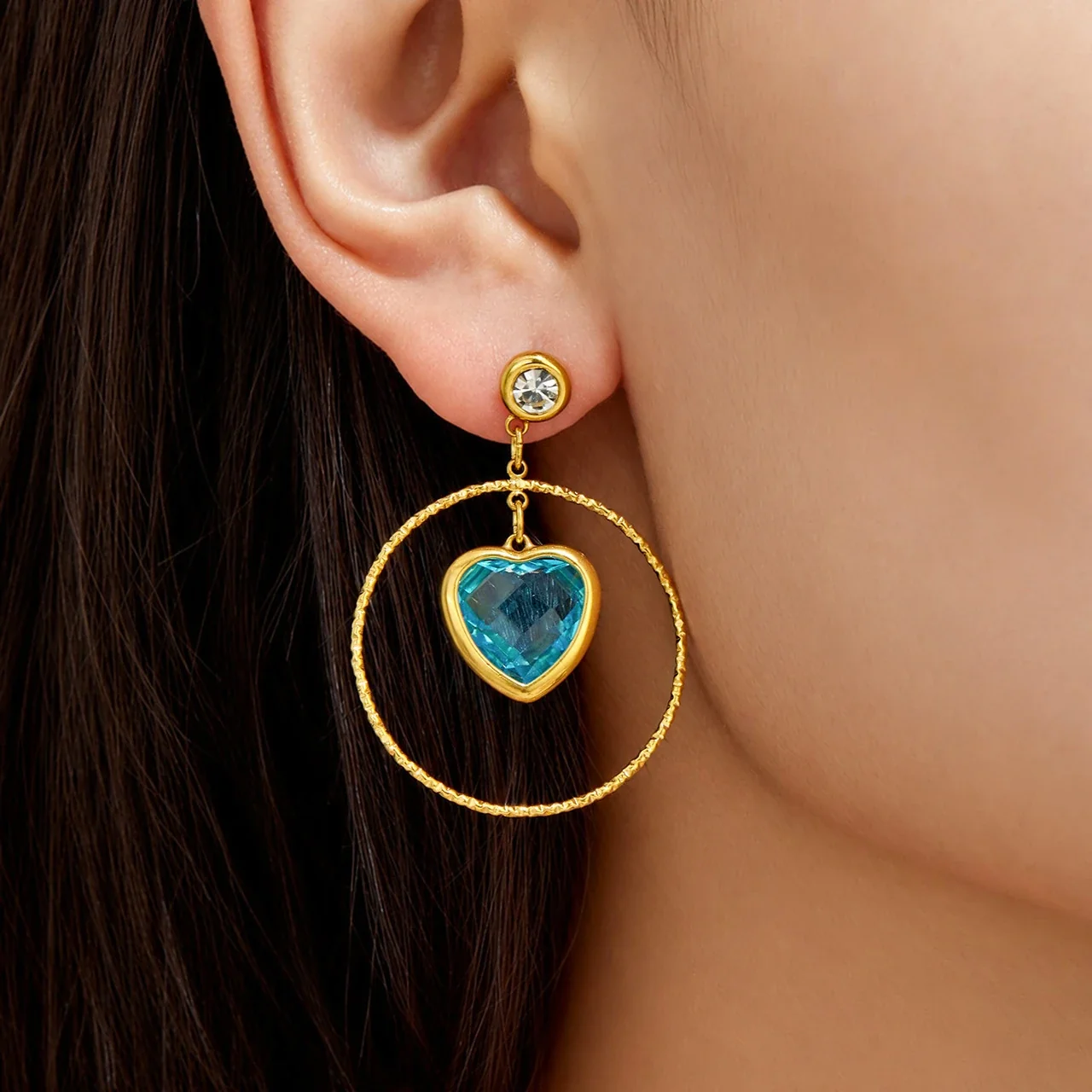 Bold Gold-Plated Heart Crystal Textured Hoop Drop Earrings