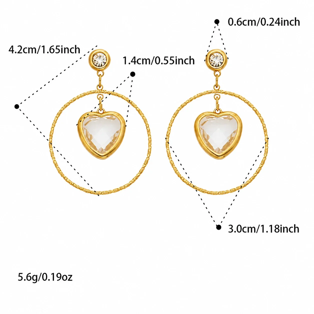 Bold Gold-Plated Heart Crystal Textured Hoop Drop Earrings - Gold White Heart Glass Stone