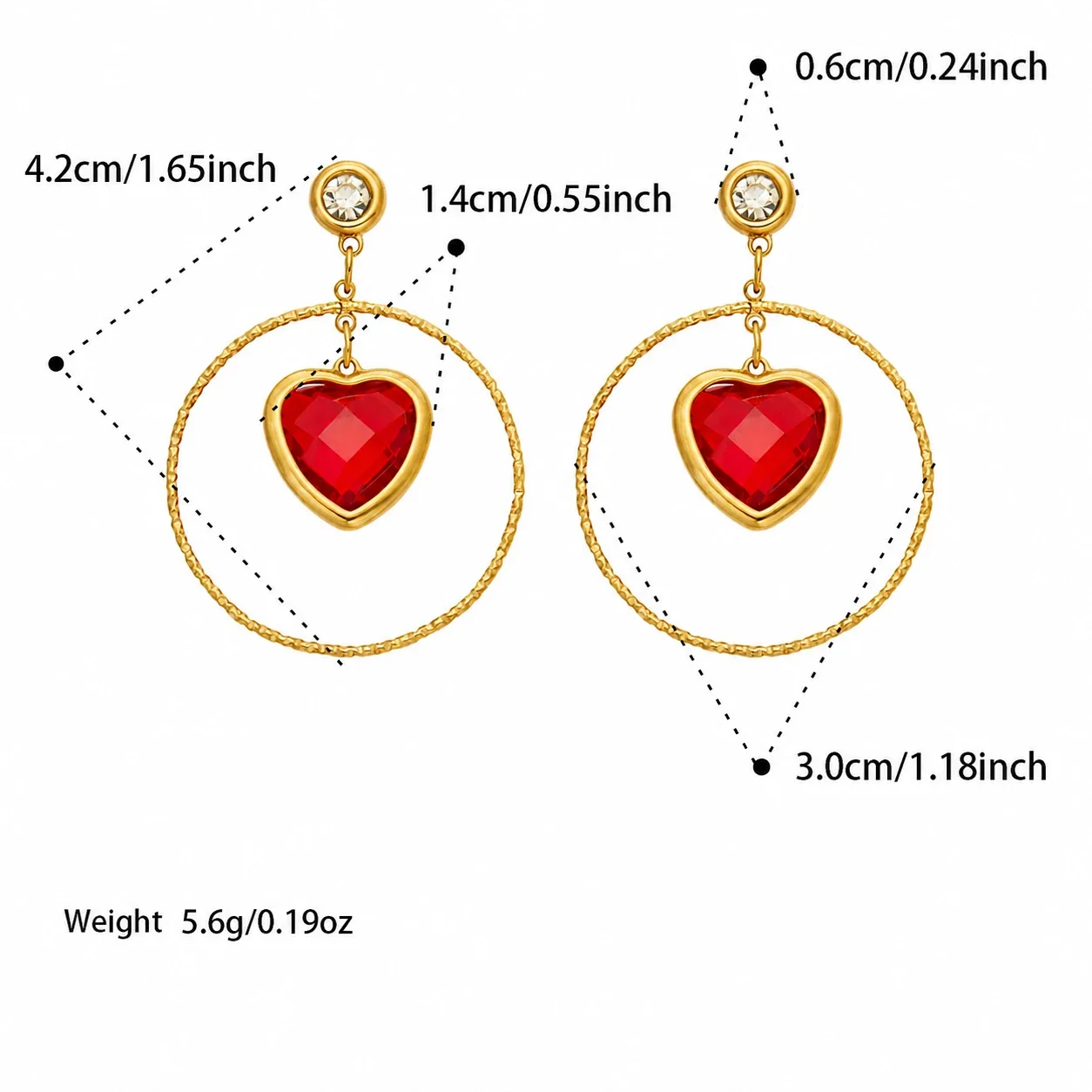 Bold Gold-Plated Heart Crystal Textured Hoop Drop Earrings - Gold Red Heart Glass Stone