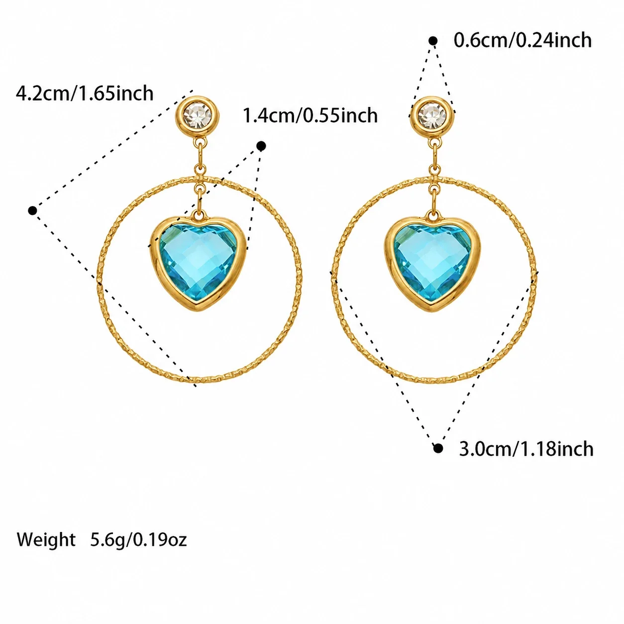 Bold Gold-Plated Heart Crystal Textured Hoop Drop Earrings - Gold Blue Heart Glass Stone