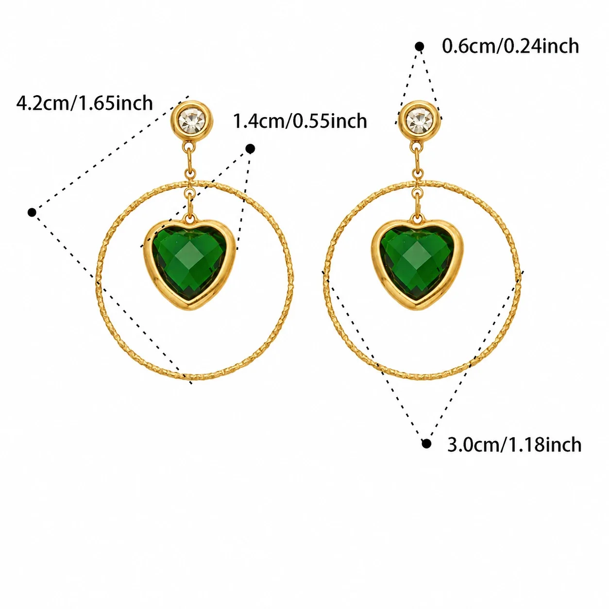 Bold Gold-Plated Heart Crystal Textured Hoop Drop Earrings - Gold Green Heart Glass Stone