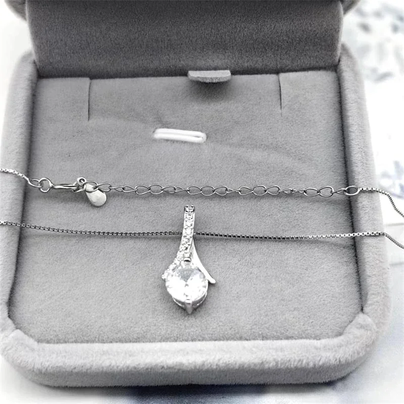 Graceful Asymmetric Pavé Round Crystal Pendant Necklace - Silver Large with 40+5 cm Box