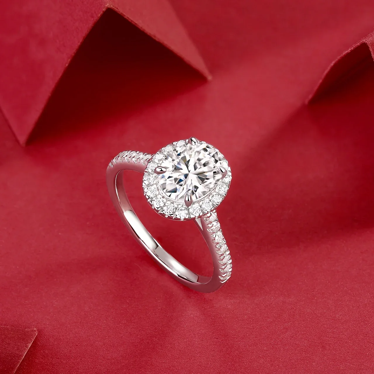 Radiant 925 Sterling Silver Oval Moissanite Halo Pave Ring