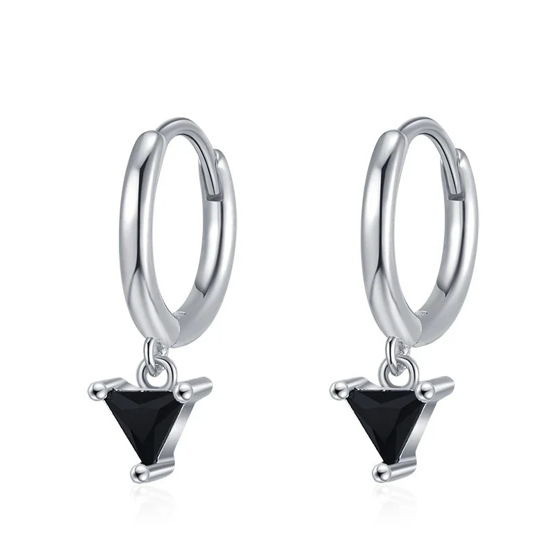 Geometric 925 sterling silver Triangle Stone Hoop Earrings - Silver Black Stone