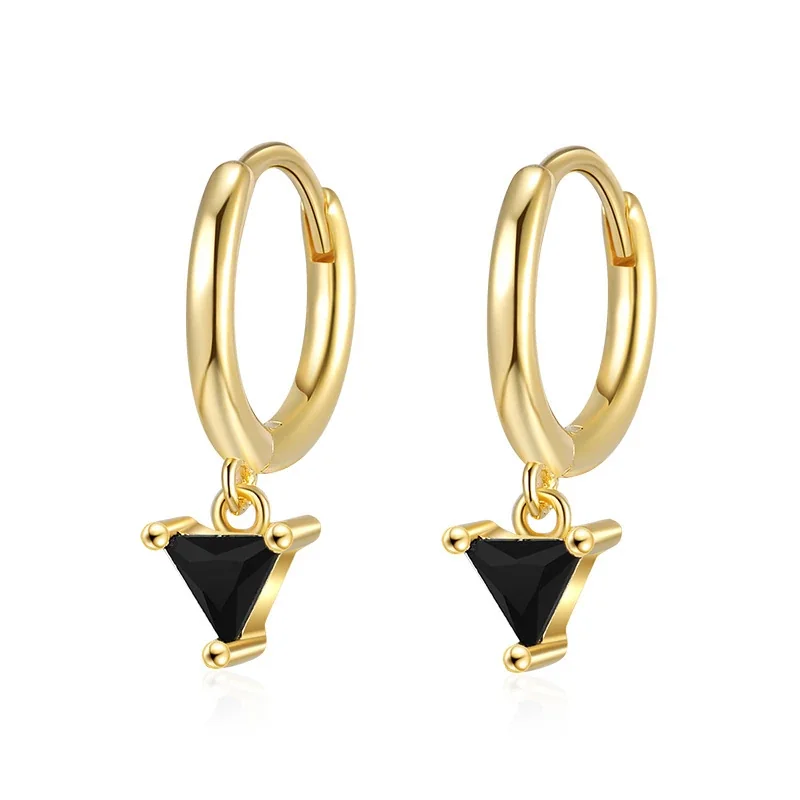 Geometric 925 sterling silver Triangle Stone Hoop Earrings - Gold Black Stone