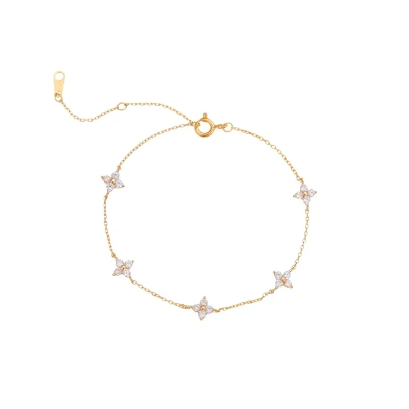 Delicate 925 Sterling Silver Five Stone Star Chain Bracelet
