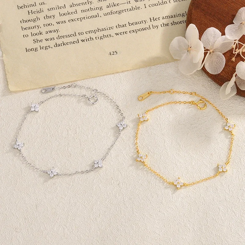 Delicate 925 Sterling Silver Five Crystal Star Chain Bracelet
