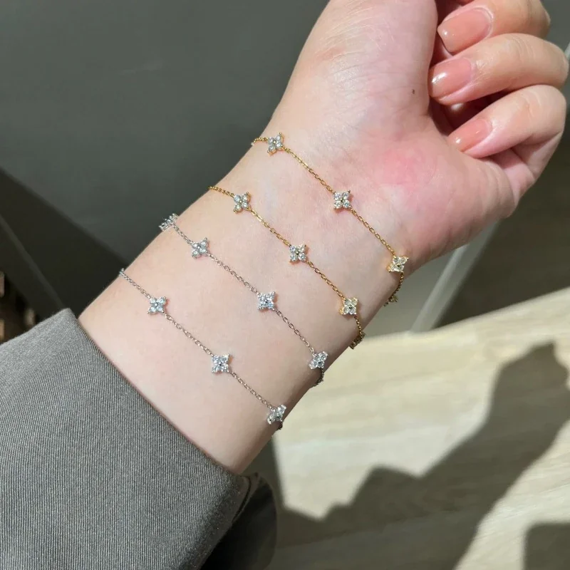 Delicate 925 Sterling Silver Five Crystal Star Chain Bracelet