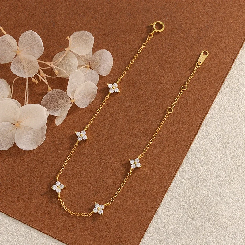 Delicate 925 Sterling Silver Five Crystal Star Chain Bracelet