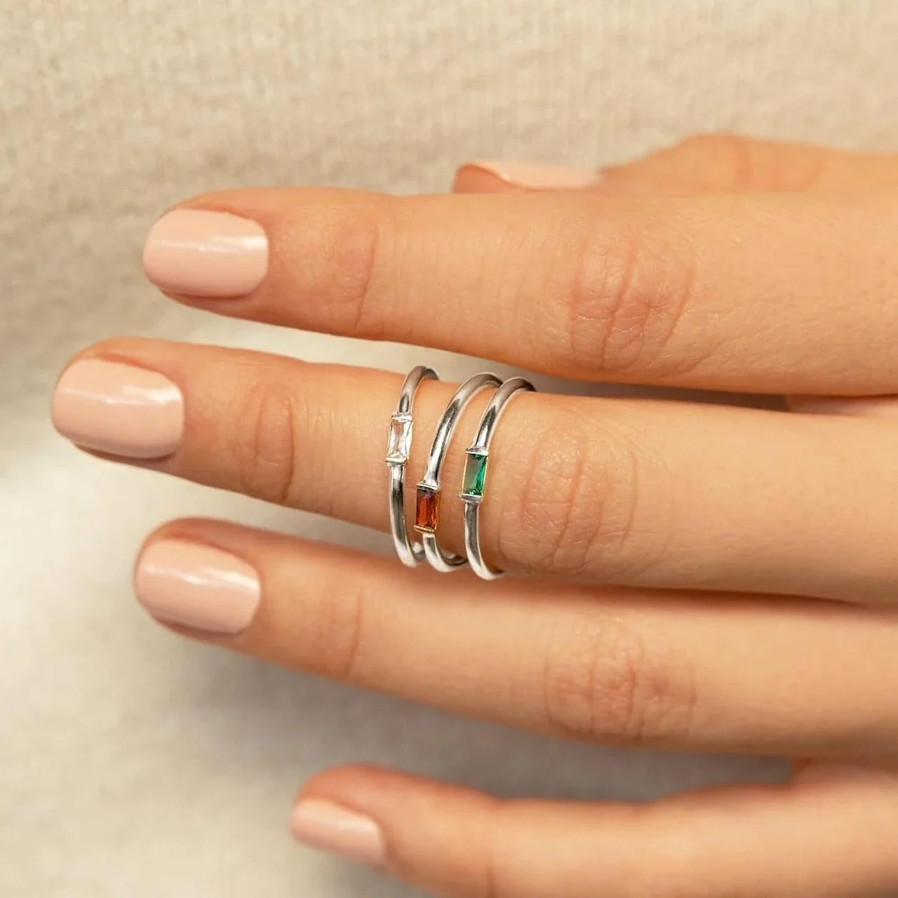 Delicate 925 Sterling Silver Baguette Four-Prong Stacking Ring