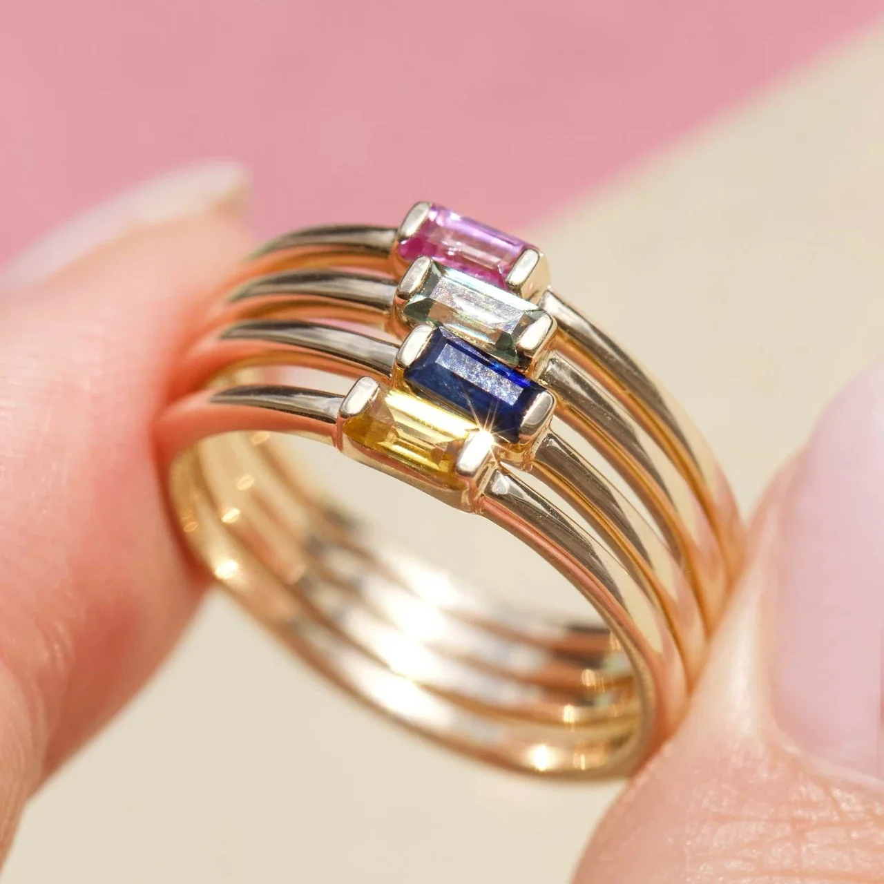 Delicate 925 Sterling Silver Baguette Four-Prong Stacking Ring - Gold-tone February