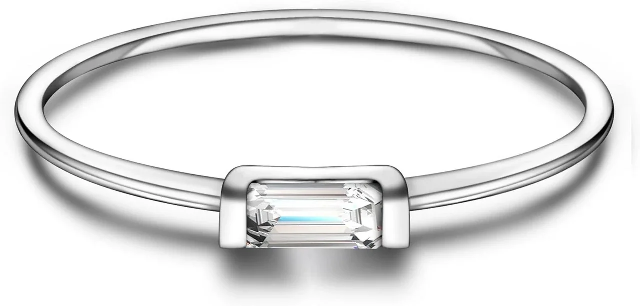 Delicate 925 Sterling Silver Baguette Four-Prong Stacking Ring - April