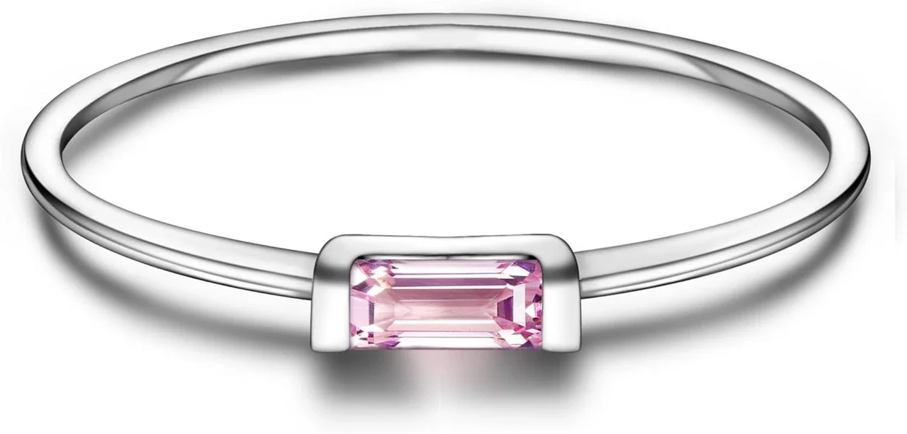 Delicate 925 Sterling Silver Baguette Four-Prong Stacking Ring - October