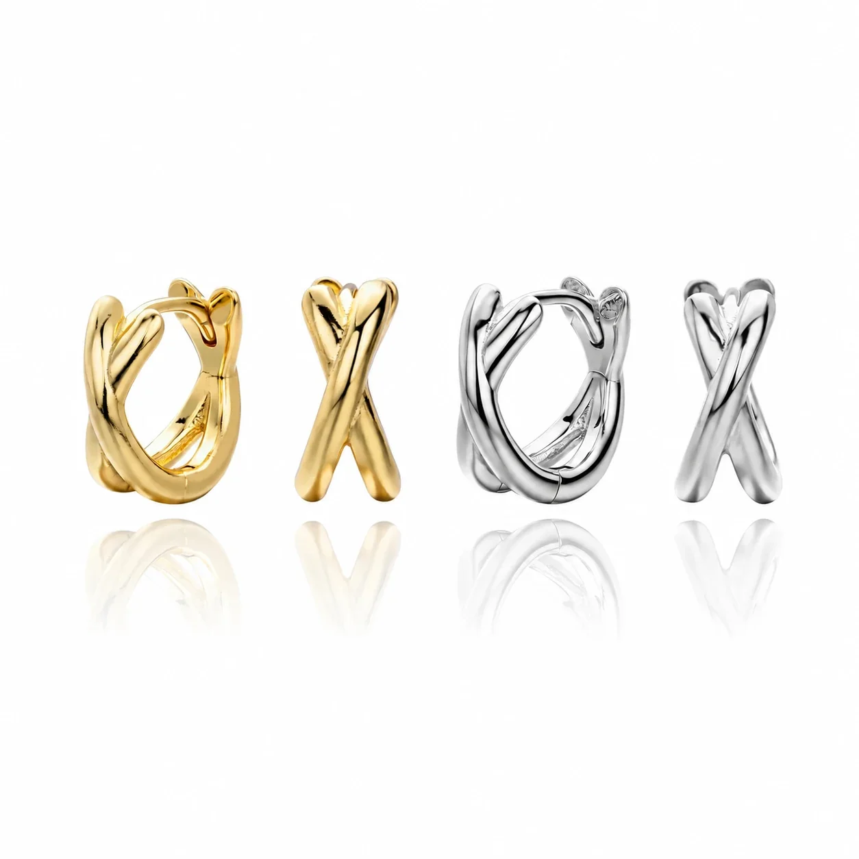 Sculptural 925 Sterling Silver Crossed Double Hoop Earrings
