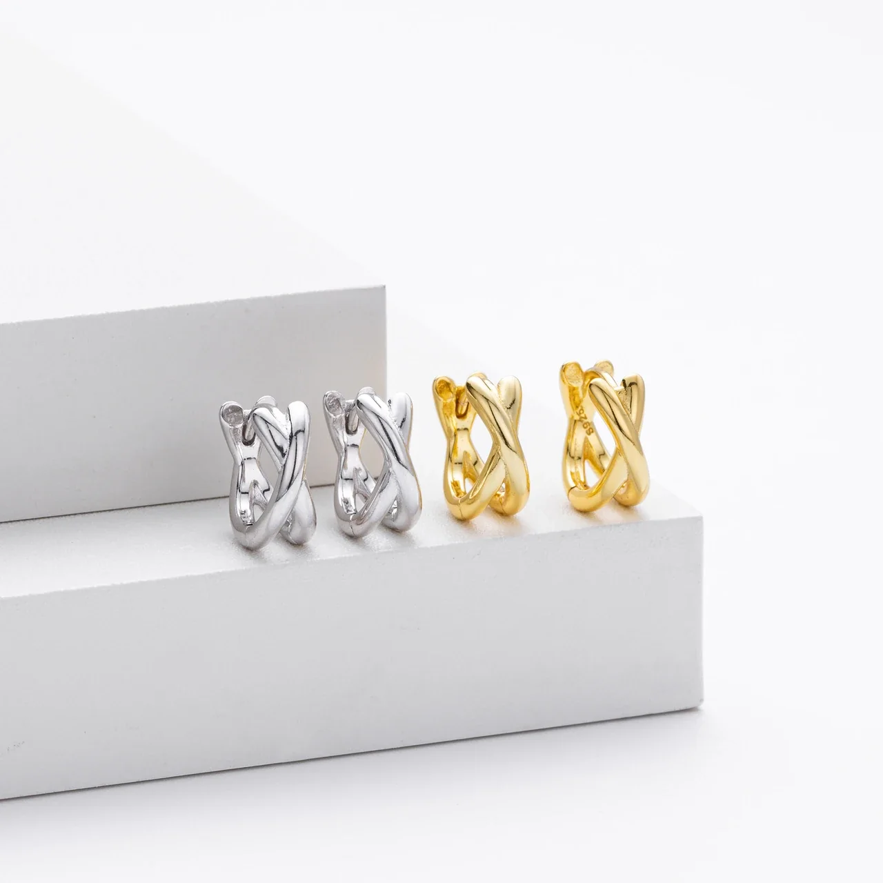 Sculptural 925 Sterling Silver Crossed Double Hoop Earrings