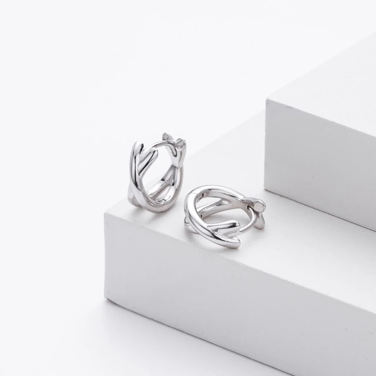 Sculptural 925 Sterling Silver Crossed Double Hoop Earrings