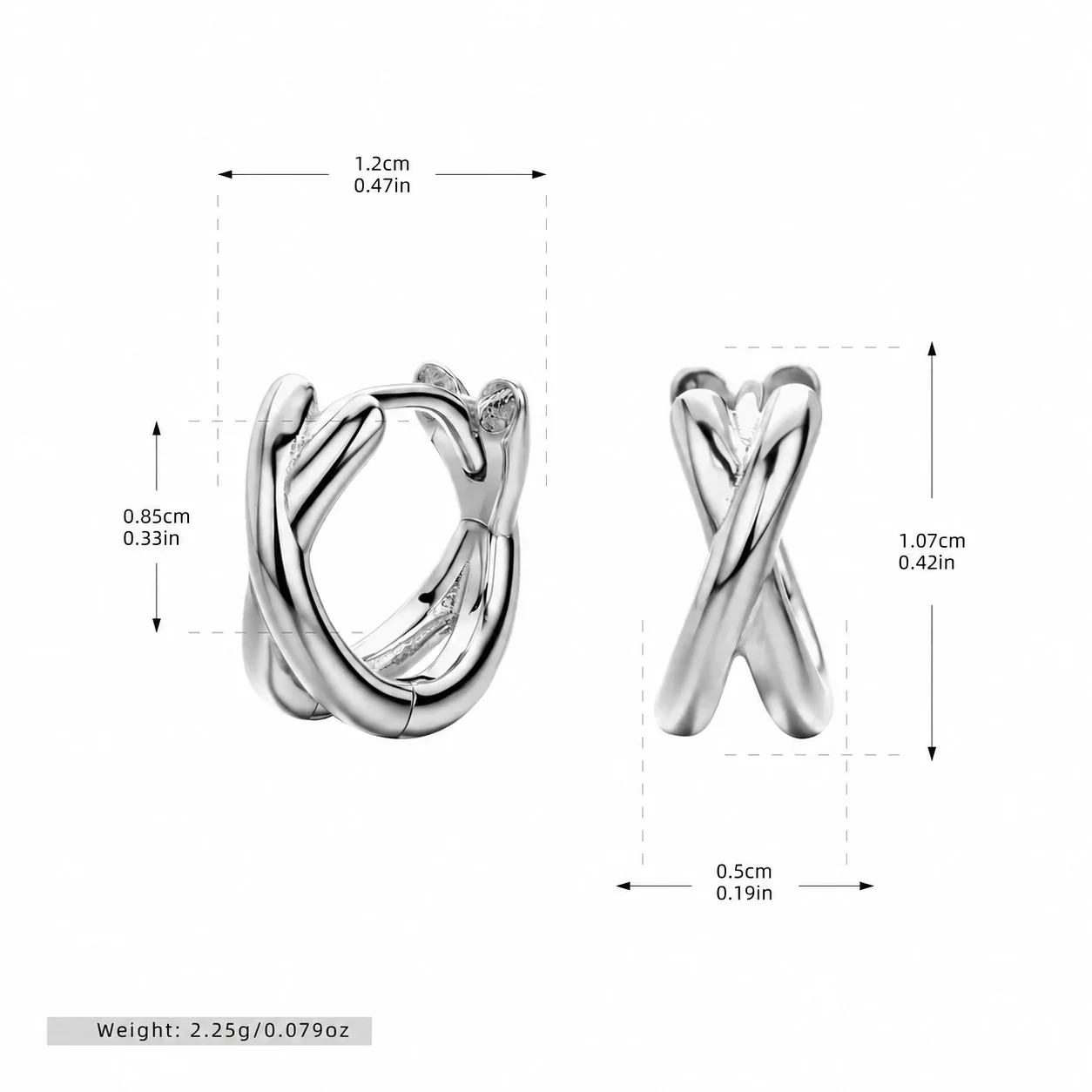 Sculptural 925 Sterling Silver Crossed Double Hoop Earrings - Silver