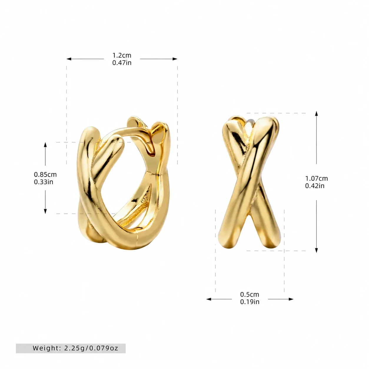 Sculptural 925 Sterling Silver Crossed Double Hoop Earrings - Gold