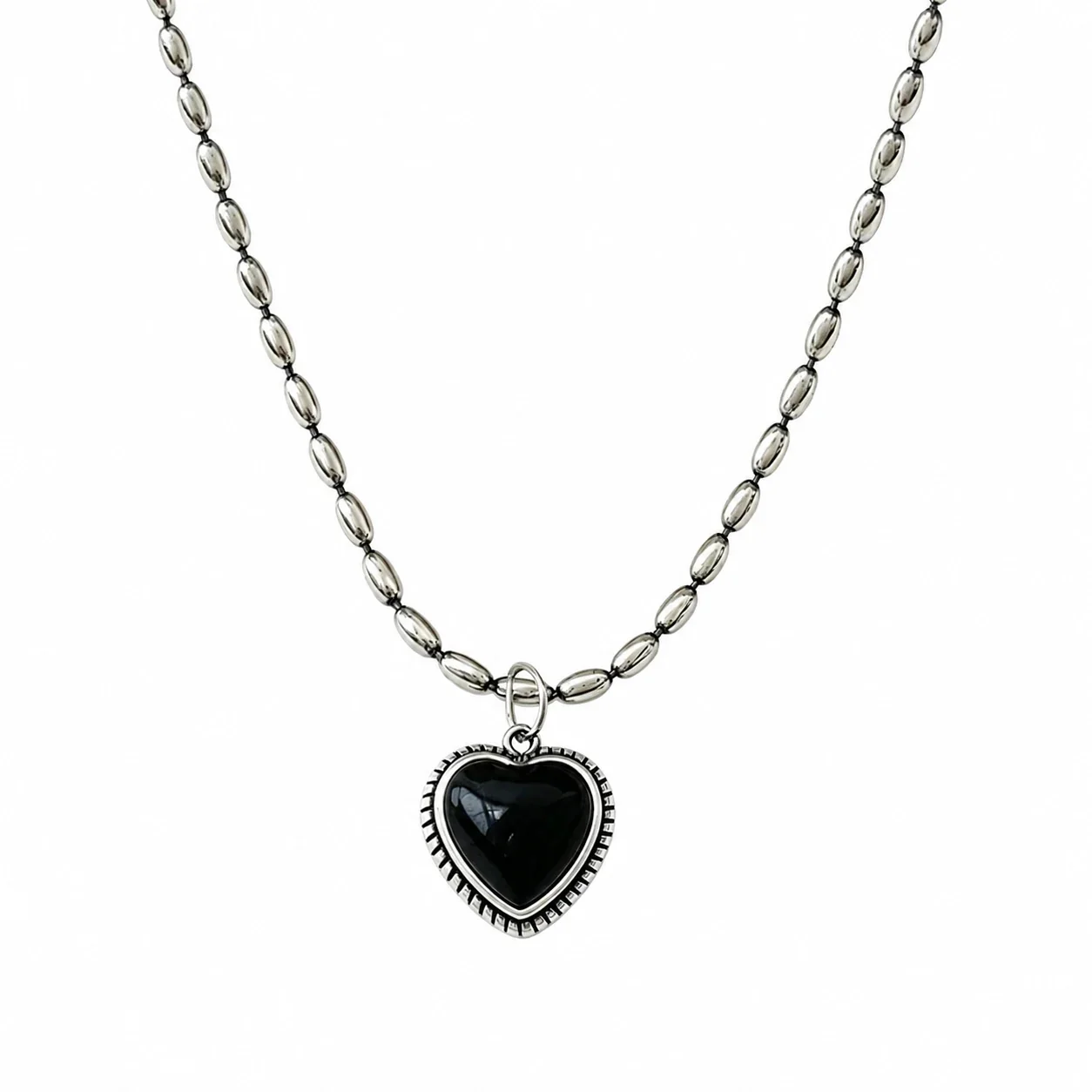 Gothic Black Heart Beaded Oval-Link 925 Sterling Silver Necklace