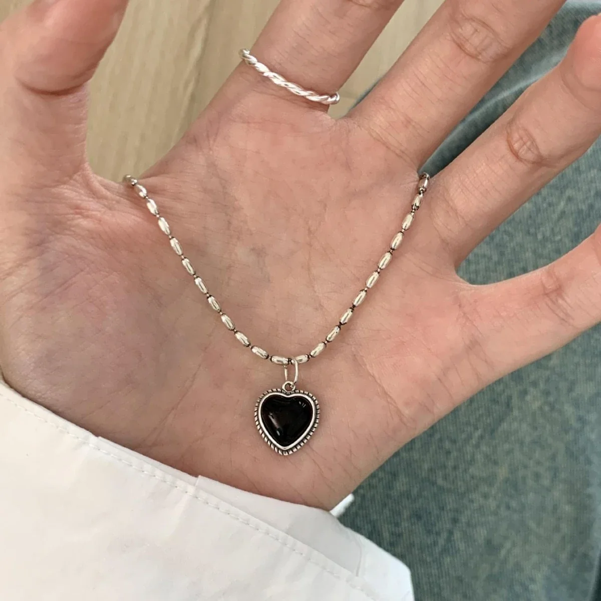 Gothic Black Heart Beaded Oval-Link 925 Sterling Silver Necklace