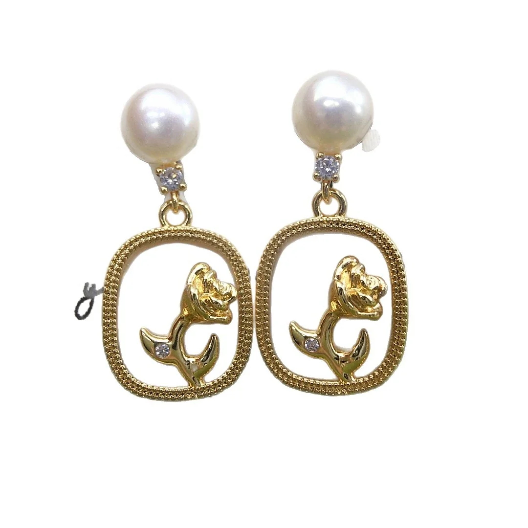 Ornate Gold-Plated Freshwater Pearl Rose Frame Drop Earrings