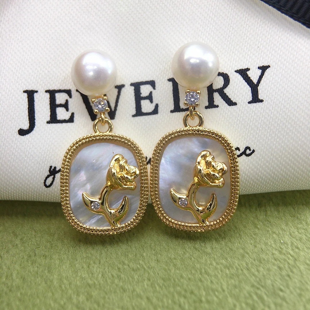 Ornate Gold-Plated Freshwater Pearl Rose Frame Drop Earrings