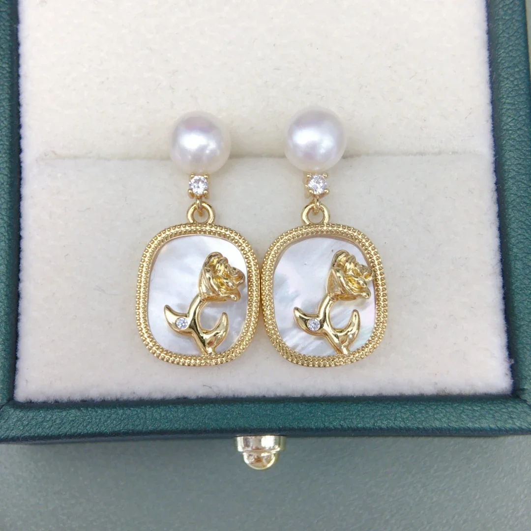 Ornate Gold-Plated Freshwater Pearl Rose Frame Drop Earrings