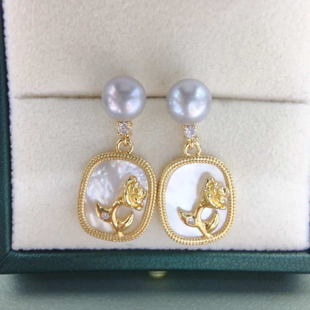 Ornate Gold-Plated Freshwater Pearl Rose Frame Drop Earrings