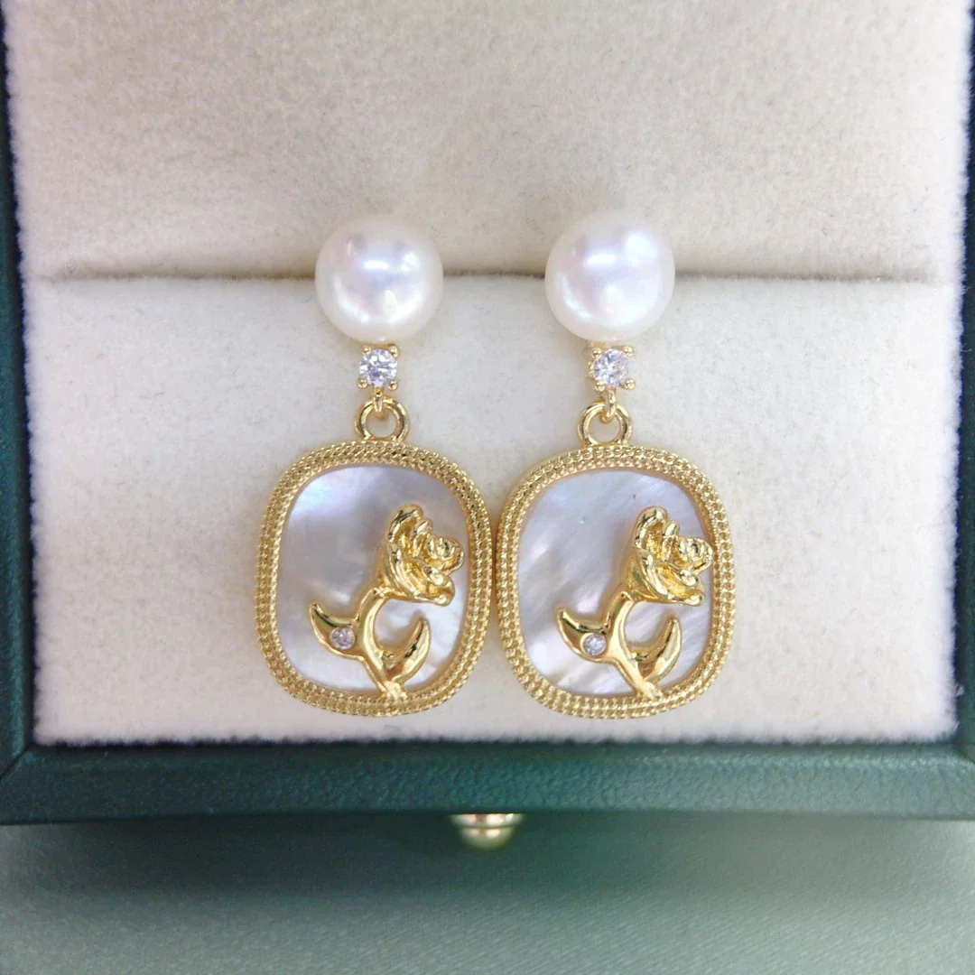 Ornate Gold-Plated Freshwater Pearl Rose Frame Drop Earrings - White