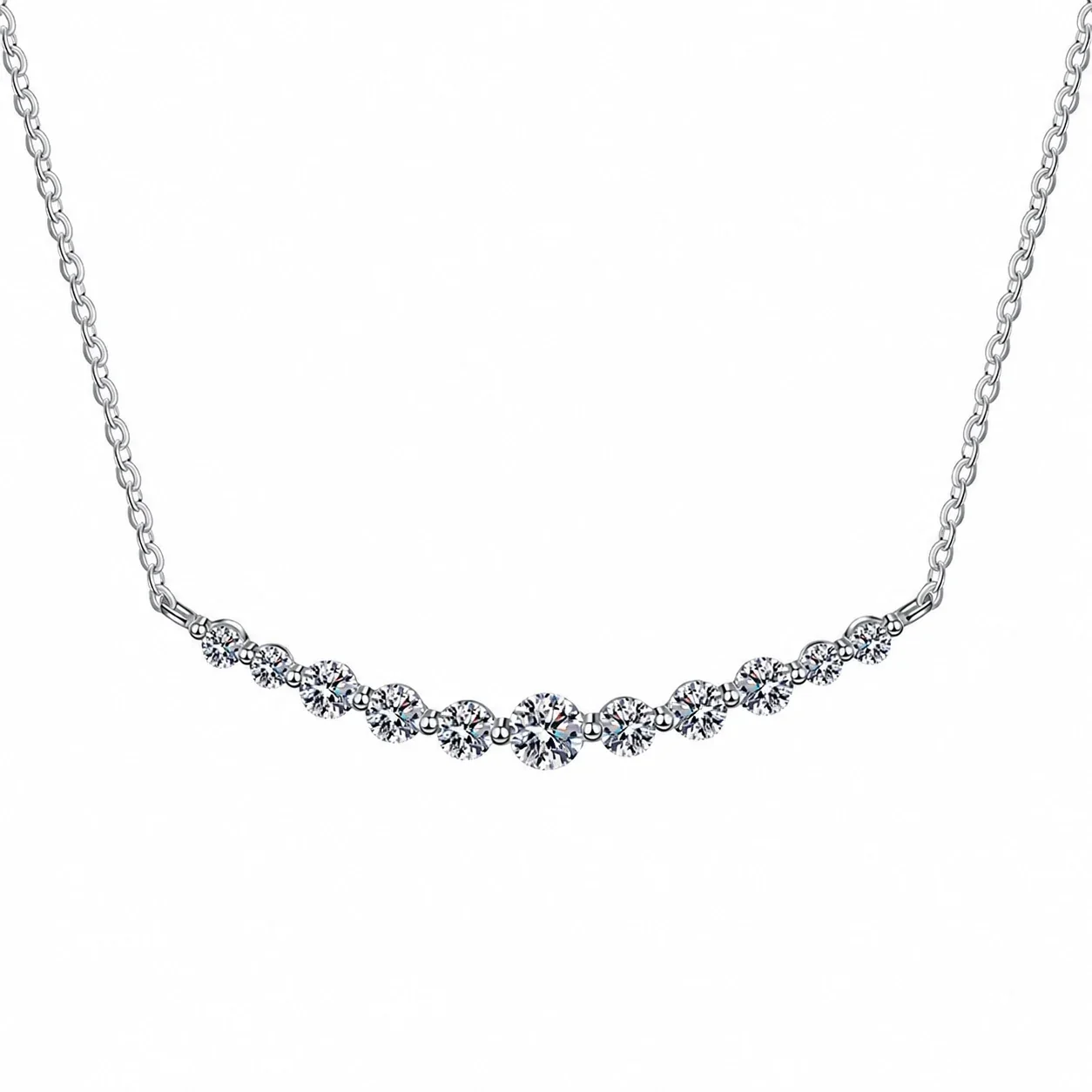 Curved 925 Sterling Silver Round Moissanite Bar Necklace