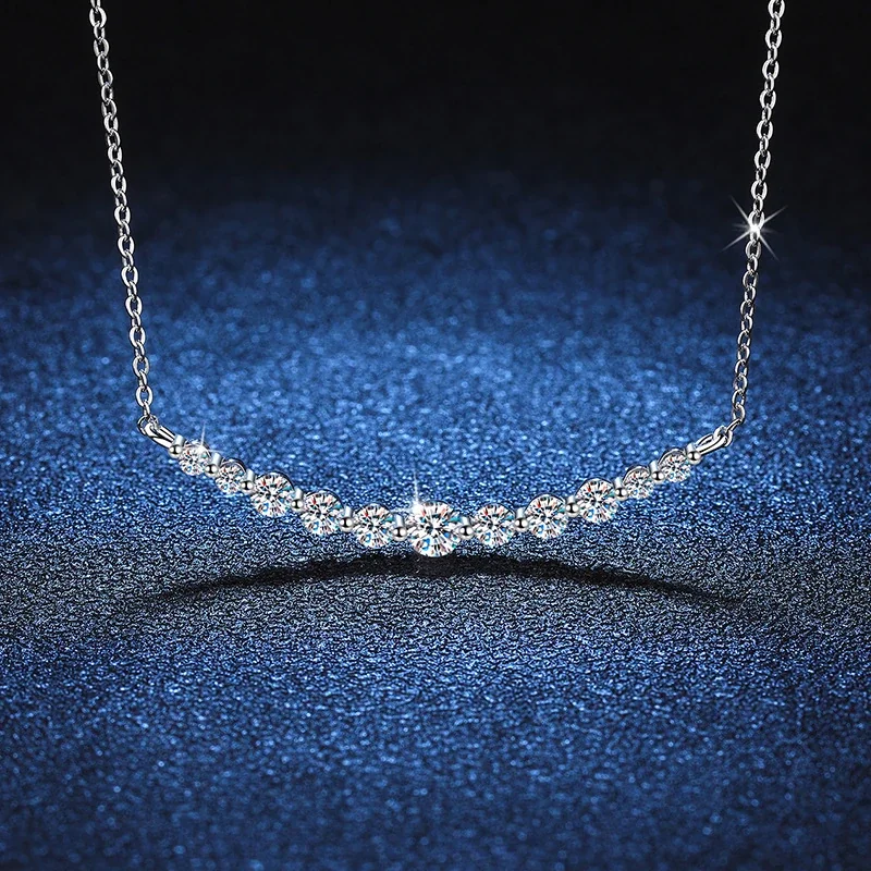 Curved 925 Sterling Silver Round Moissanite Bar Necklace