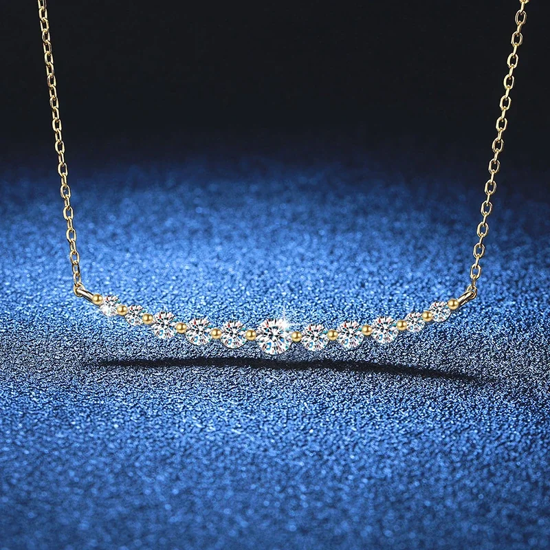 Curved 925 Sterling Silver Round Moissanite Bar Necklace