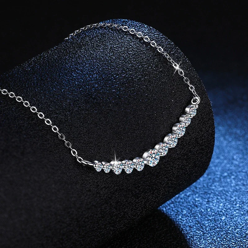 Curved 925 Sterling Silver Round Moissanite Bar Necklace