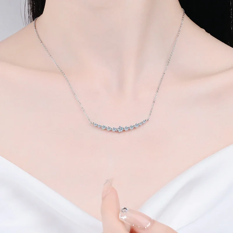 Curved 925 Sterling Silver Round Moissanite Bar Necklace
