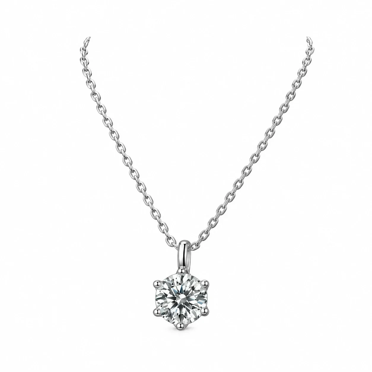 Luminous Six-Prong Round Moissanite 925 Sterling Silver Necklace