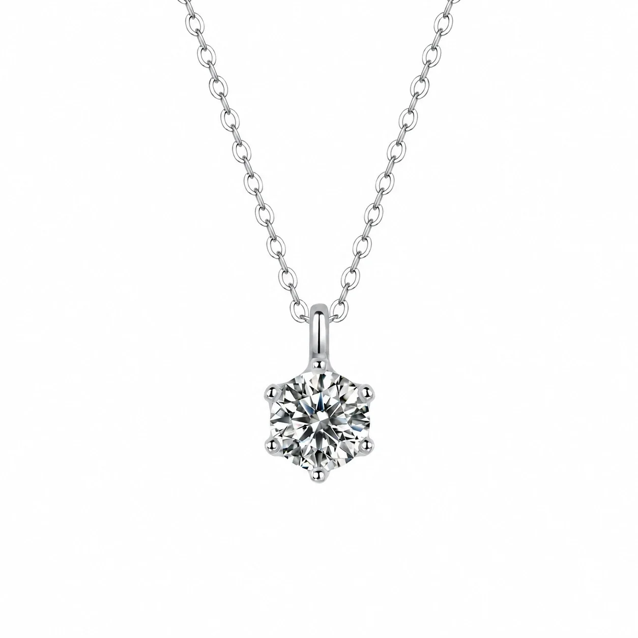 Luminous Six-Prong Round Moissanite 925 Sterling Silver Necklace