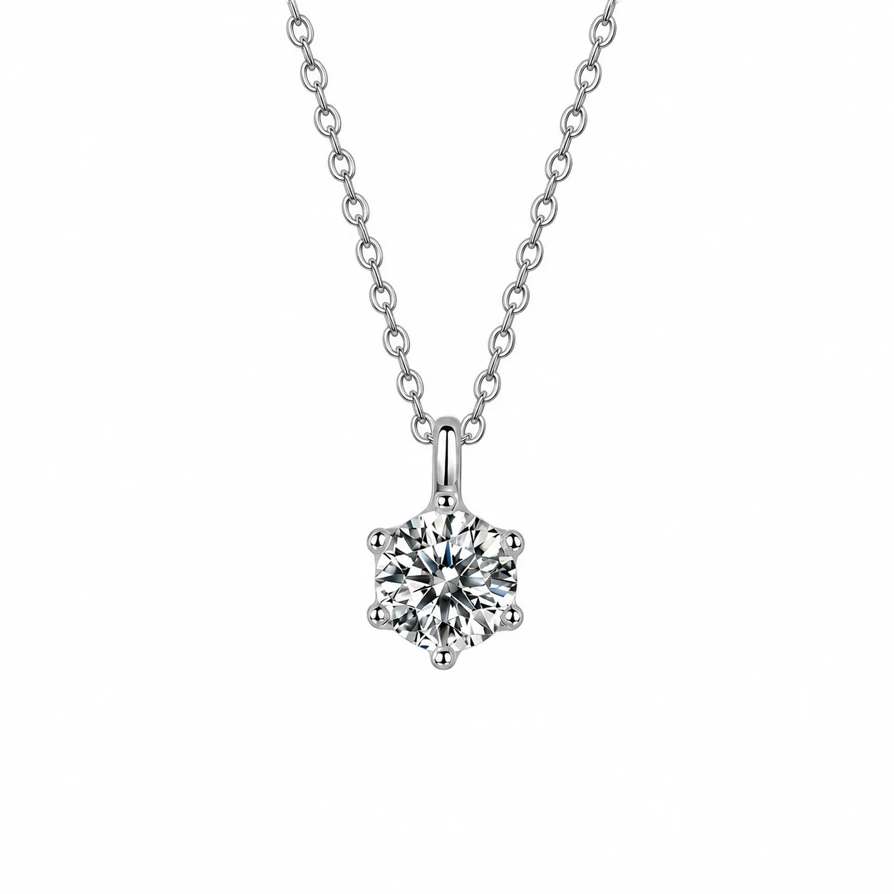 Luminous Six-Prong Round Moissanite 925 Sterling Silver Necklace