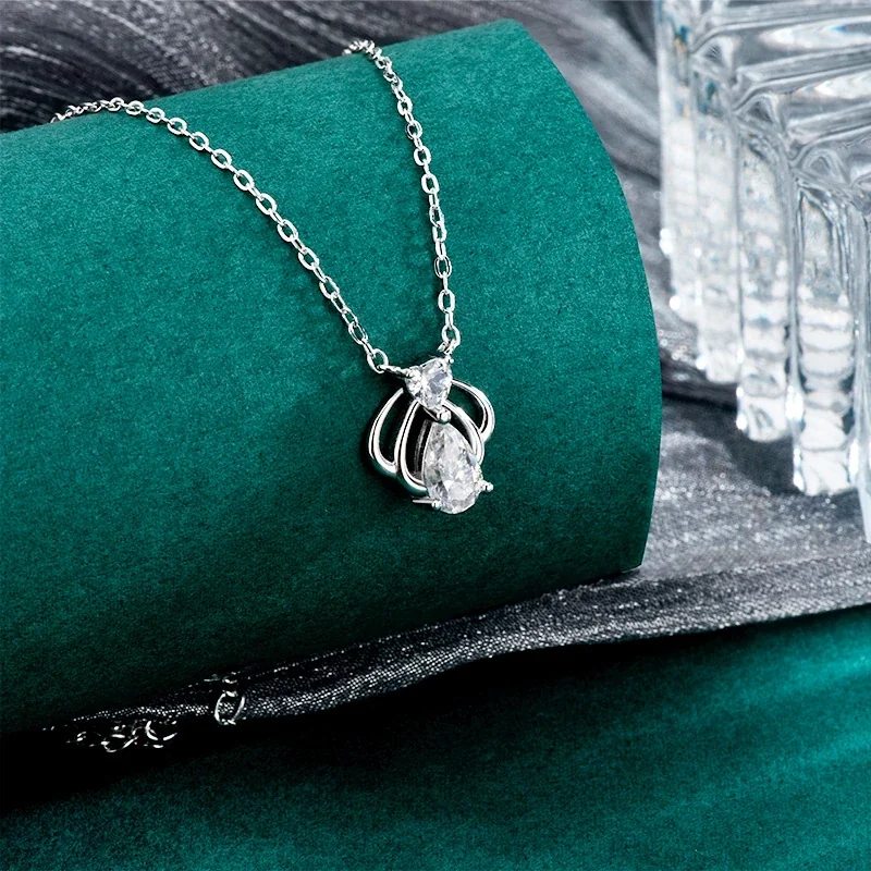 Openwork Crown 925 Sterling Silver Pear-Cut Pendant Necklace