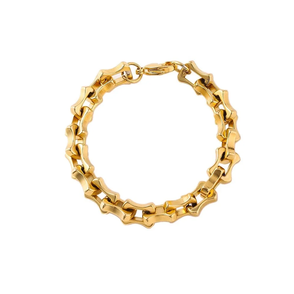 Beveled Block-Link Stainless Steel Gold-Plated Bracelet