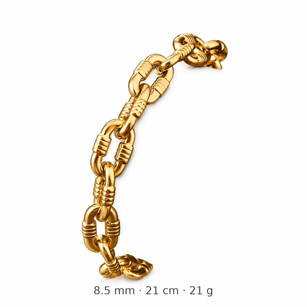 Beveled Block-Link Stainless Steel Gold-Plated Bracelet - Gold 8.5 mm Embossed Round Link