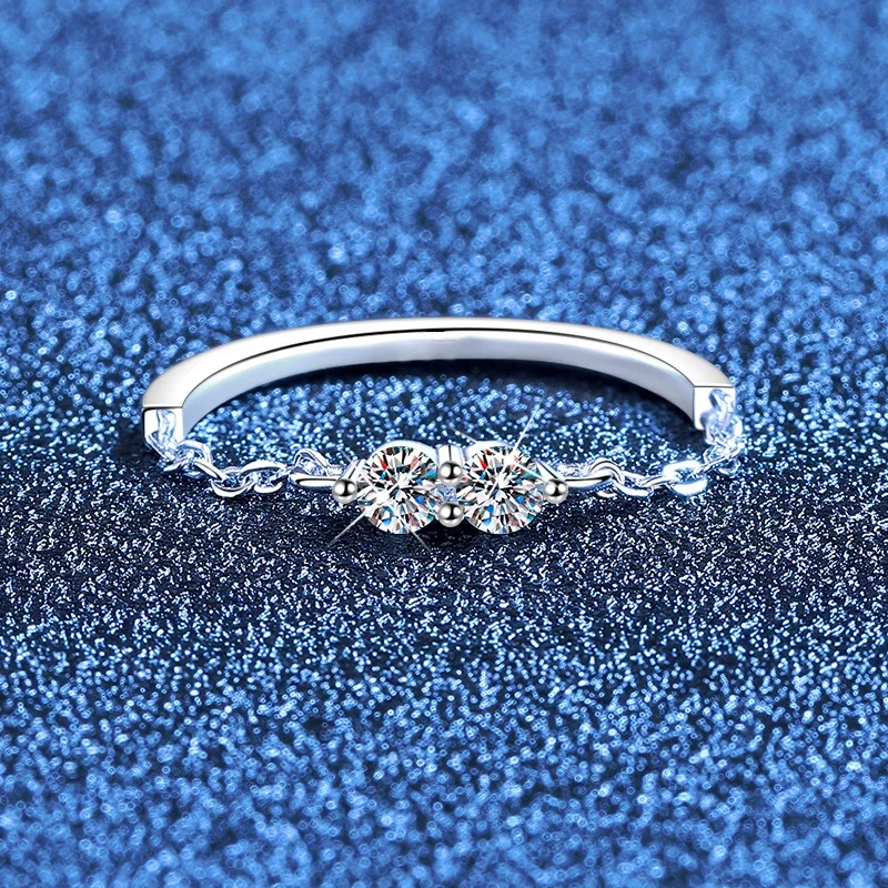 Delicate Twin Round Moissanite Chain 925 Sterling Silver Ring