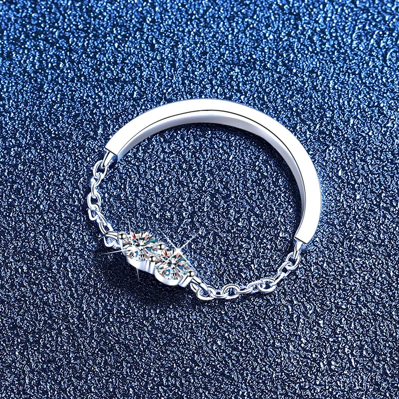 Delicate Twin Round Moissanite Chain 925 Sterling Silver Ring