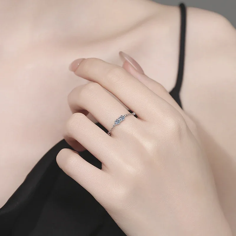 Delicate Twin Round Moissanite Chain 925 Sterling Silver Ring