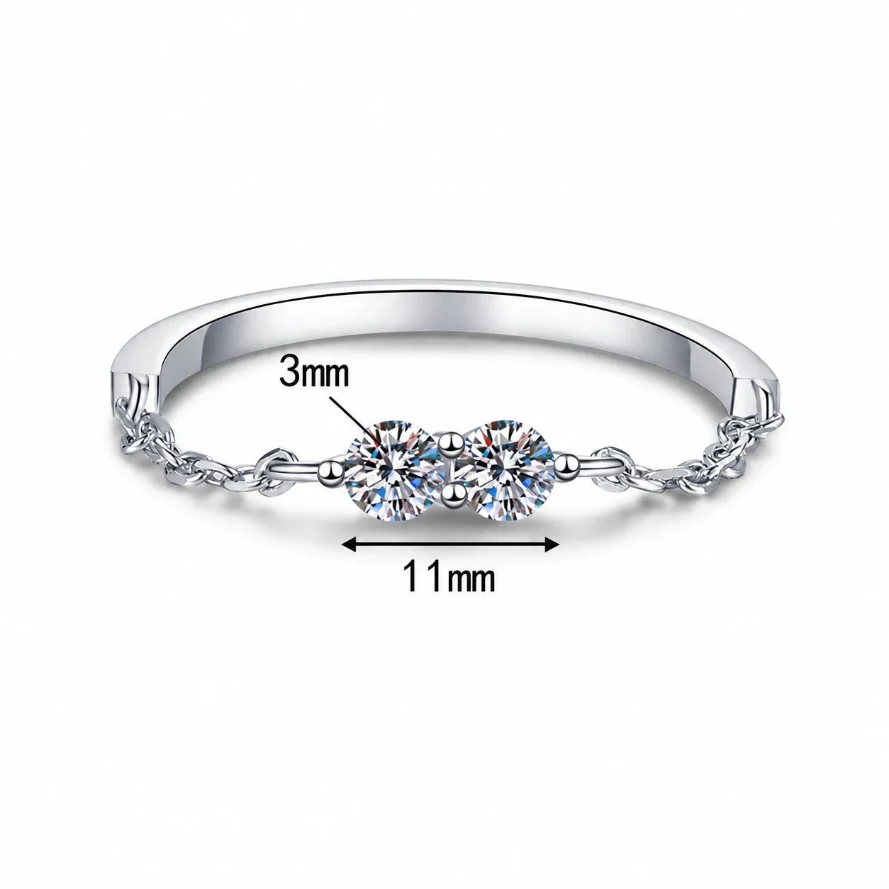 Delicate Twin Round Moissanite Chain 925 Sterling Silver Ring - Silver